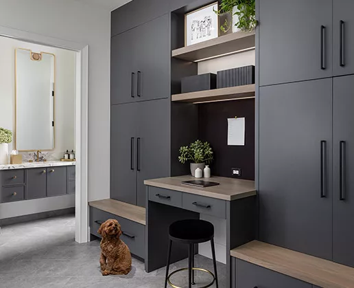 Custom office cabinets and built-in library shelves in a home study