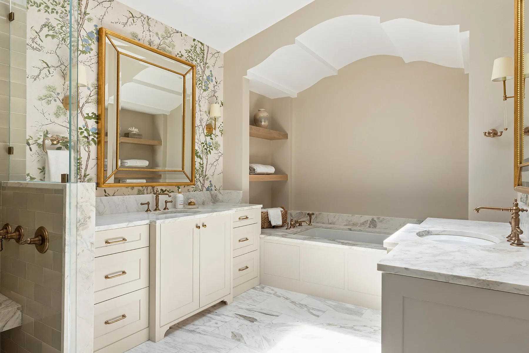 Custom built in cabinets and shelves in a bathroom
