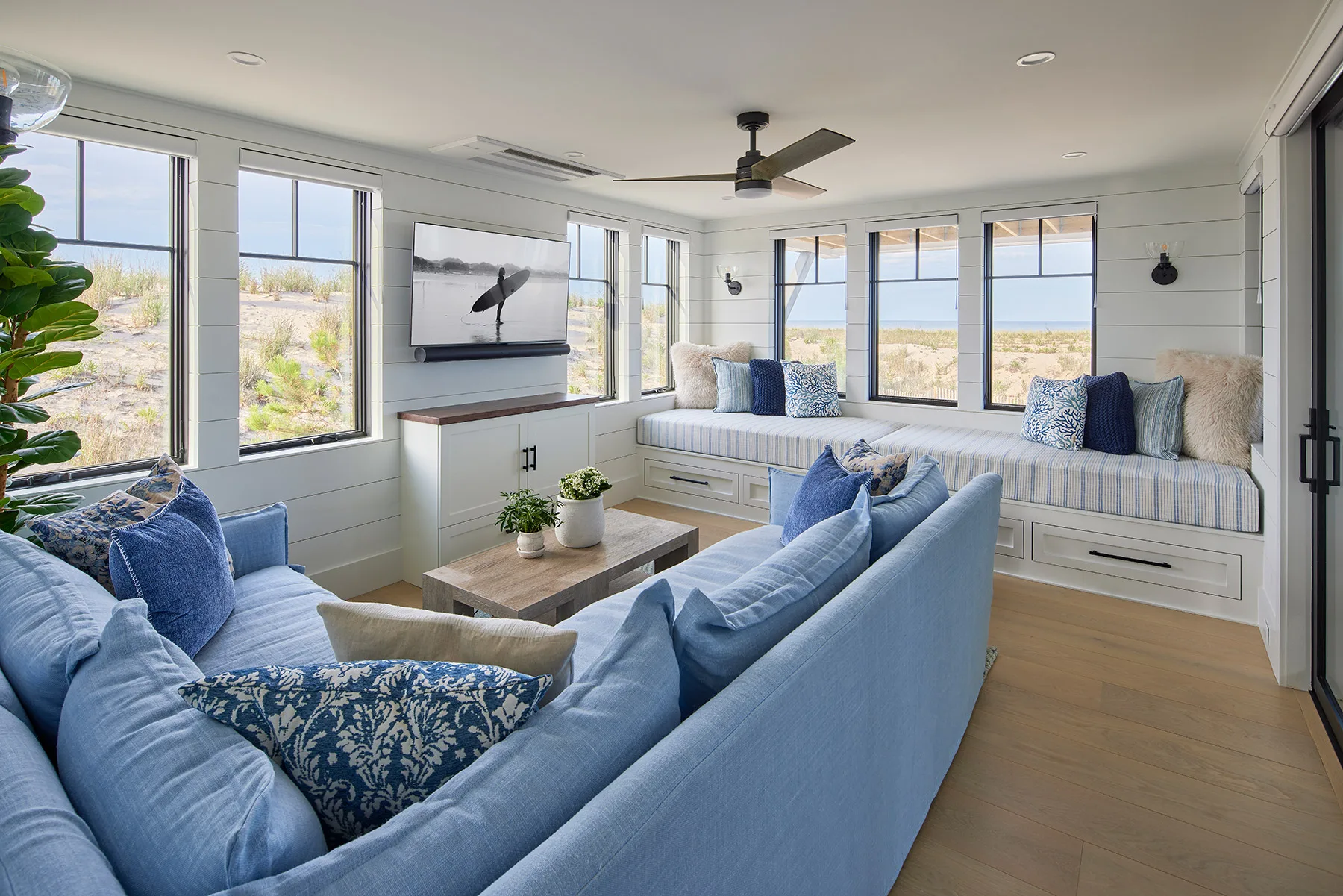 Living room with custom built in cabinets