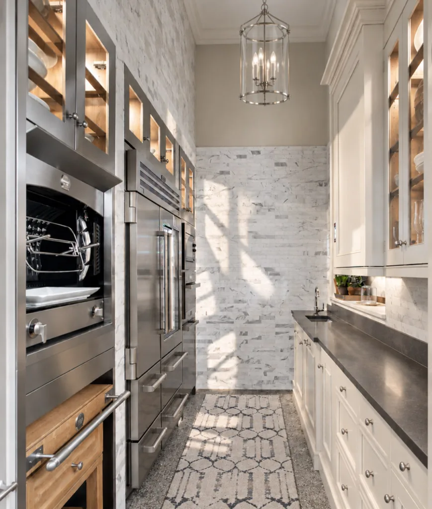 butler’s pantry with custom cabinetry, countertop, and glass-front uppers